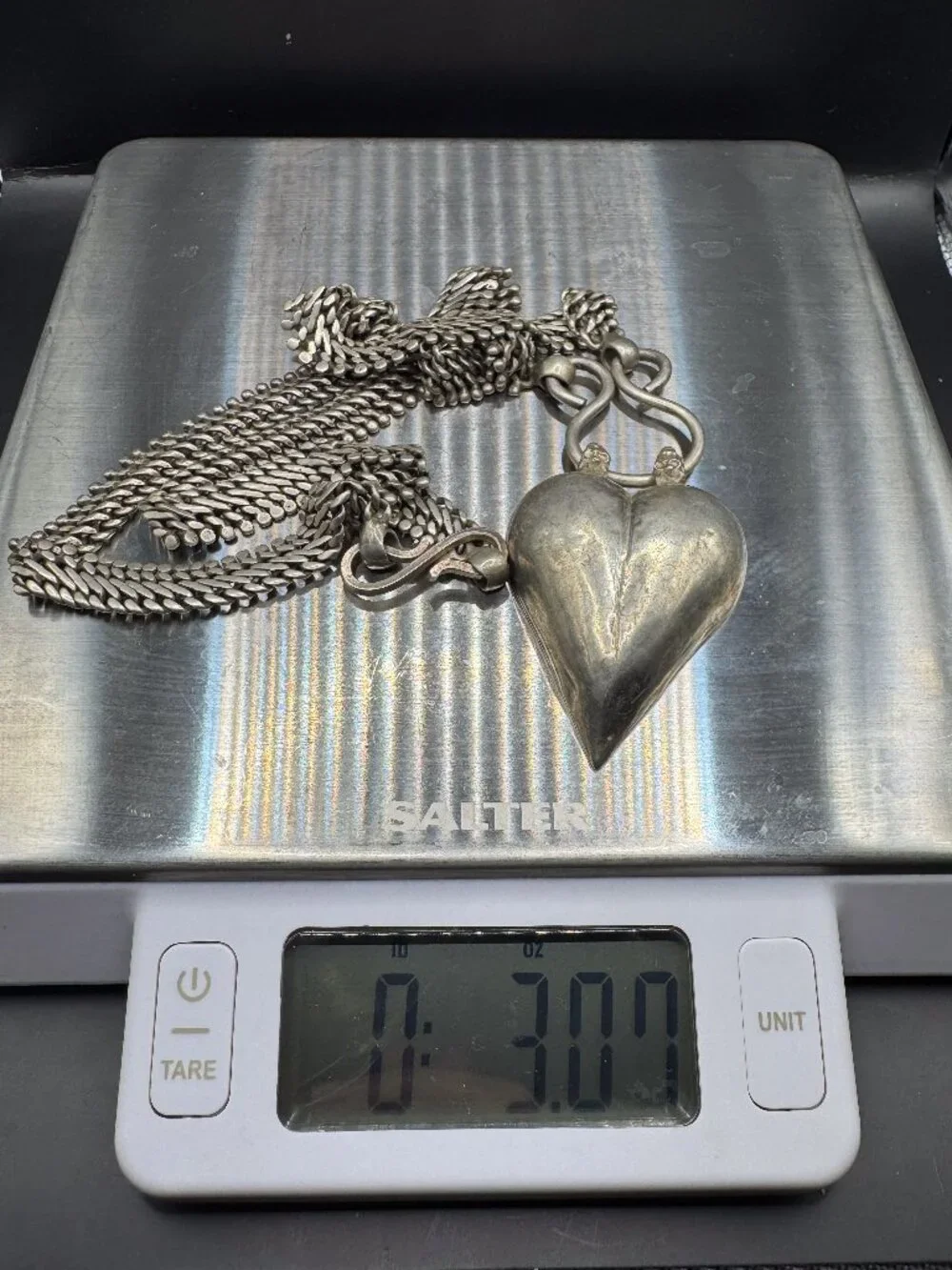 Vintage Tribal Puffy Heart Necklace Heavy Silver Tone Boho Statement 26" - Picture 6 of 7